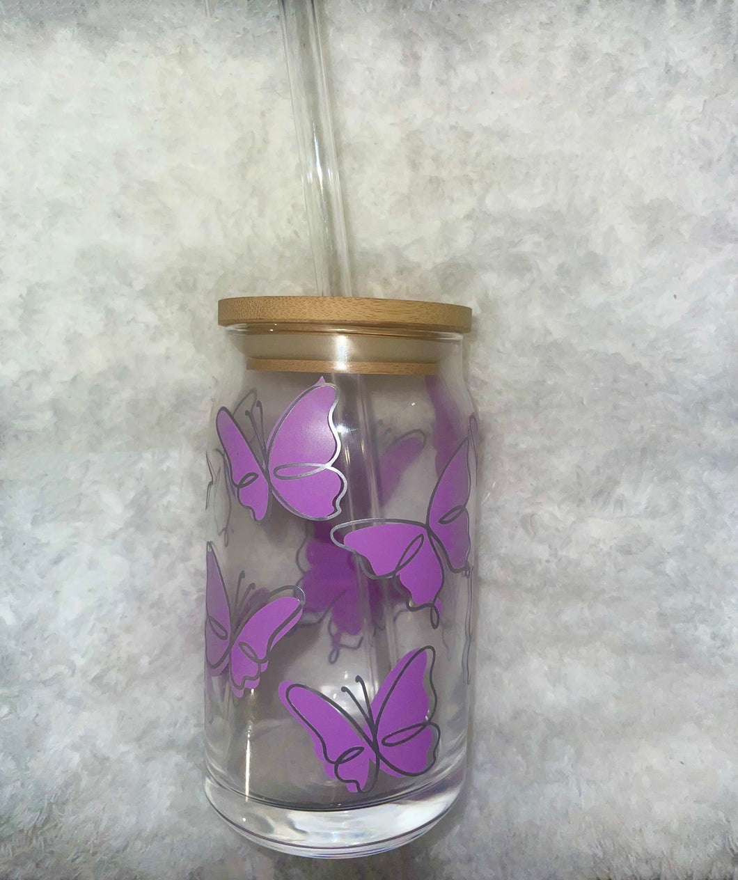 Butterfly Glass Cup With Lid and Straw