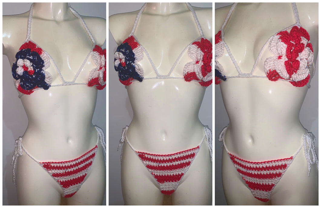 Red, white & blue Rose thong bikini set