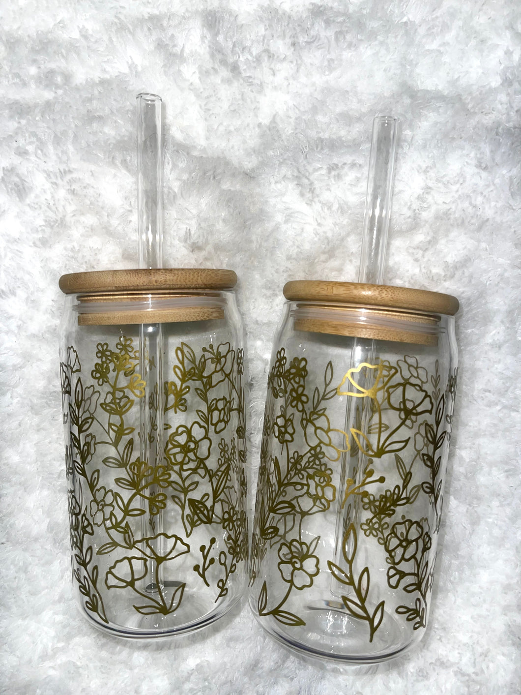 Wild Flower Glass Cup with lid & straw included