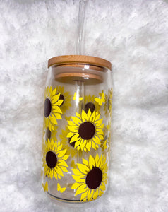 Sunflower Glass Cup with lid & Straw