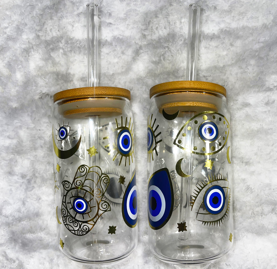 Evil Eye Glass Cup With lid & Straw